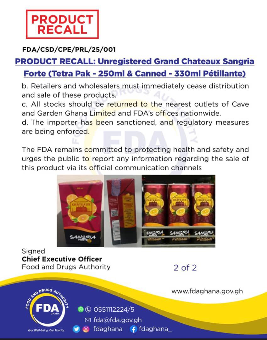 FDA issues urgent recall of Grand Chateaux Sangria Forte due to safety concerns