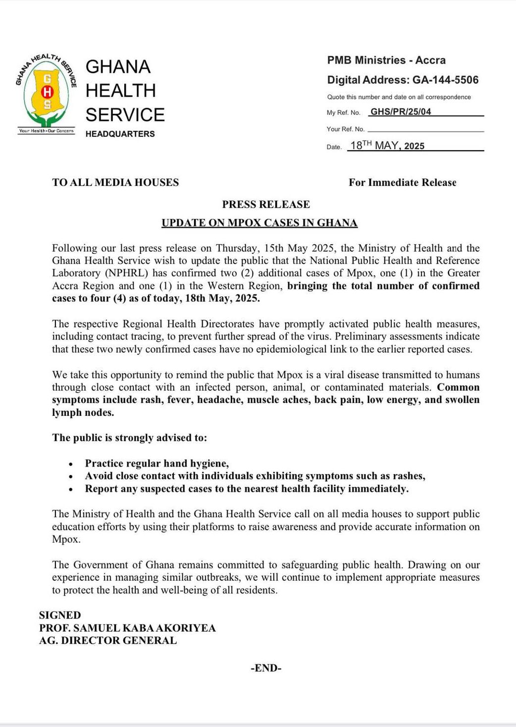 Mpox cases in Ghana rise to 4 as Accra, Western Region report infections