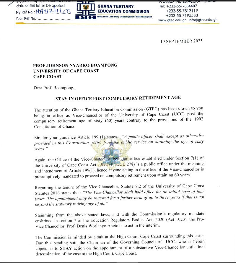 GTEC orders UCC Vice-Chancellor to vacate post over retirement age