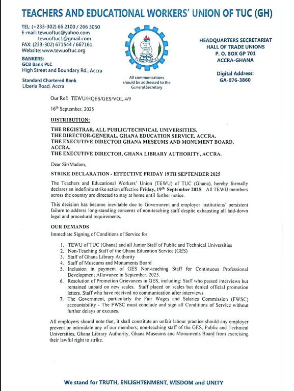 TEWU declares indefinite nationwide strike over gov't inaction