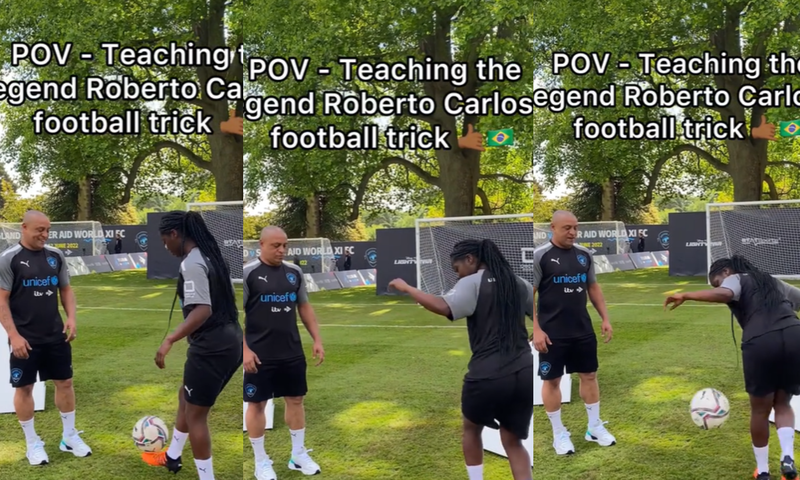 Video: Real Madrid legend Roberto Carlos learns football trick from Black Queens player Freda Ayisi
