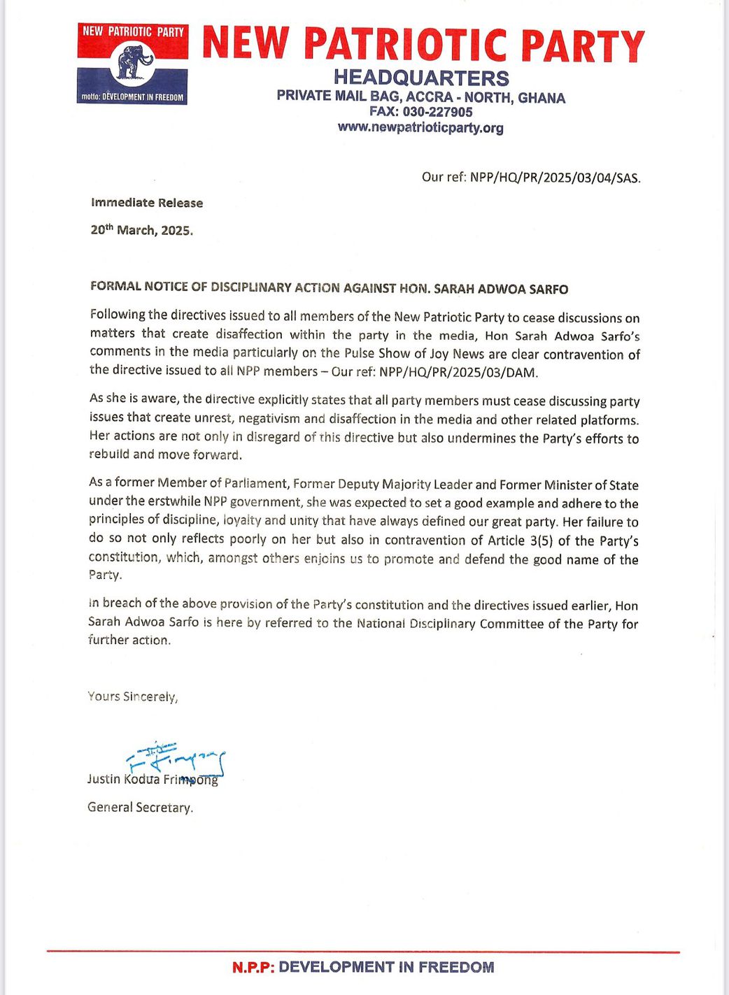 Adwoa Safo referred to NPP’s disciplinary committee after controversial interview