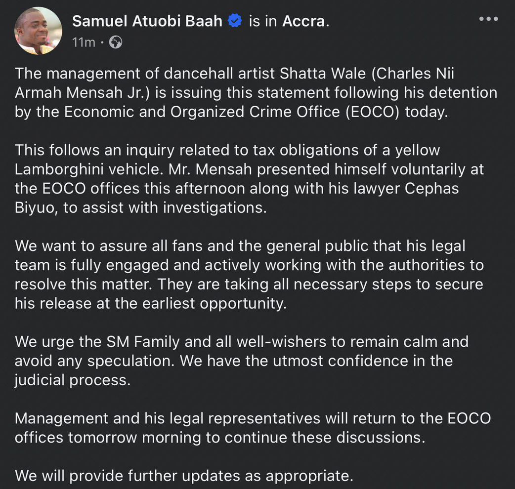 Shatta Wale detained by EOCO less than 24 hours after flaunting new-acquired $260K Lamborghini