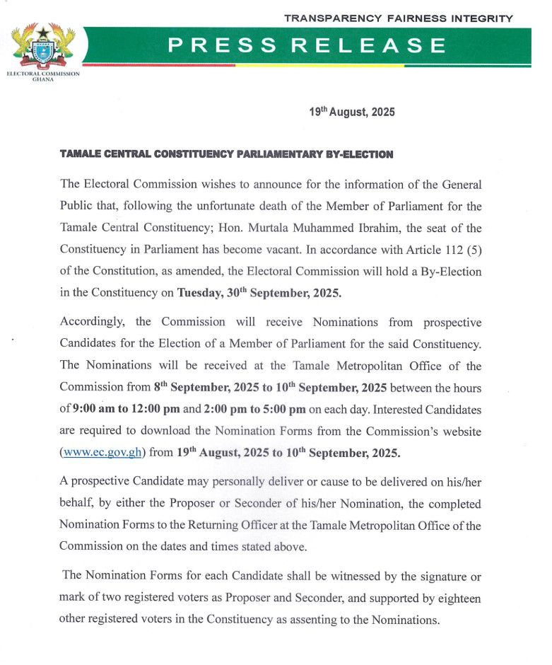 EC schedules Tamale Central by-election for Tuesday, 30th September
