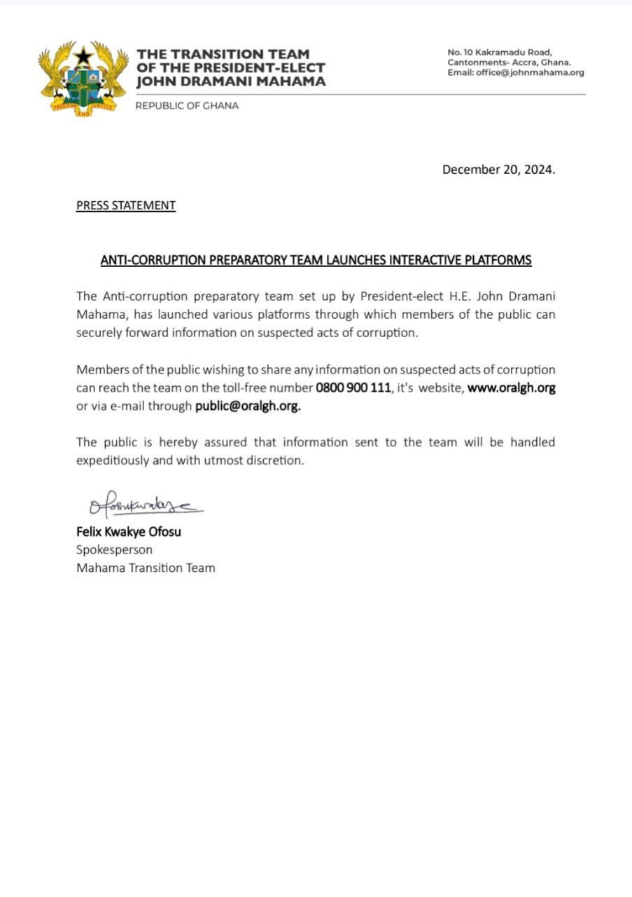 Here is how you can report suspected corruption cases to Mahama’s ORAL team