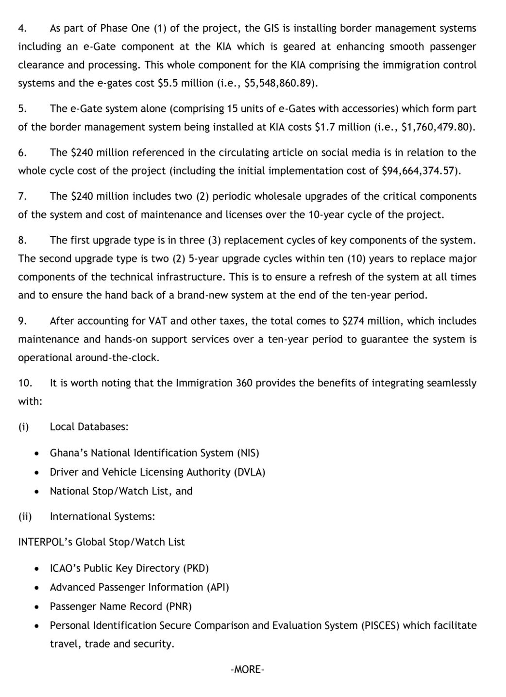 KIA e-Gates cost $1.7 Million, not $240 Million – GIS refutes ‘false’ claims