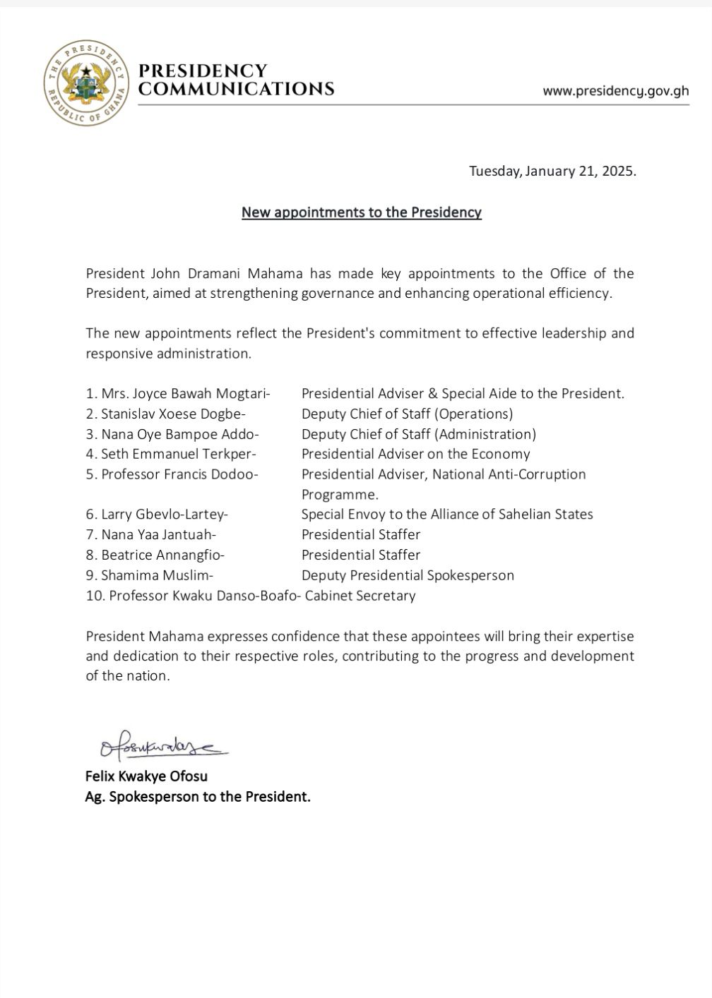 Stan Dogbe, Terkper named in new appointments to the presidency; see full list