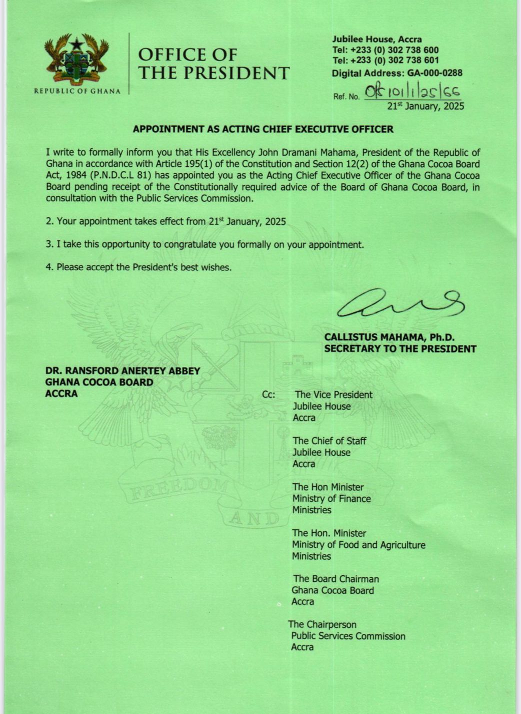Dr Randy Abbey named Acting Chief Executive Officer of Ghana Cocoa Board