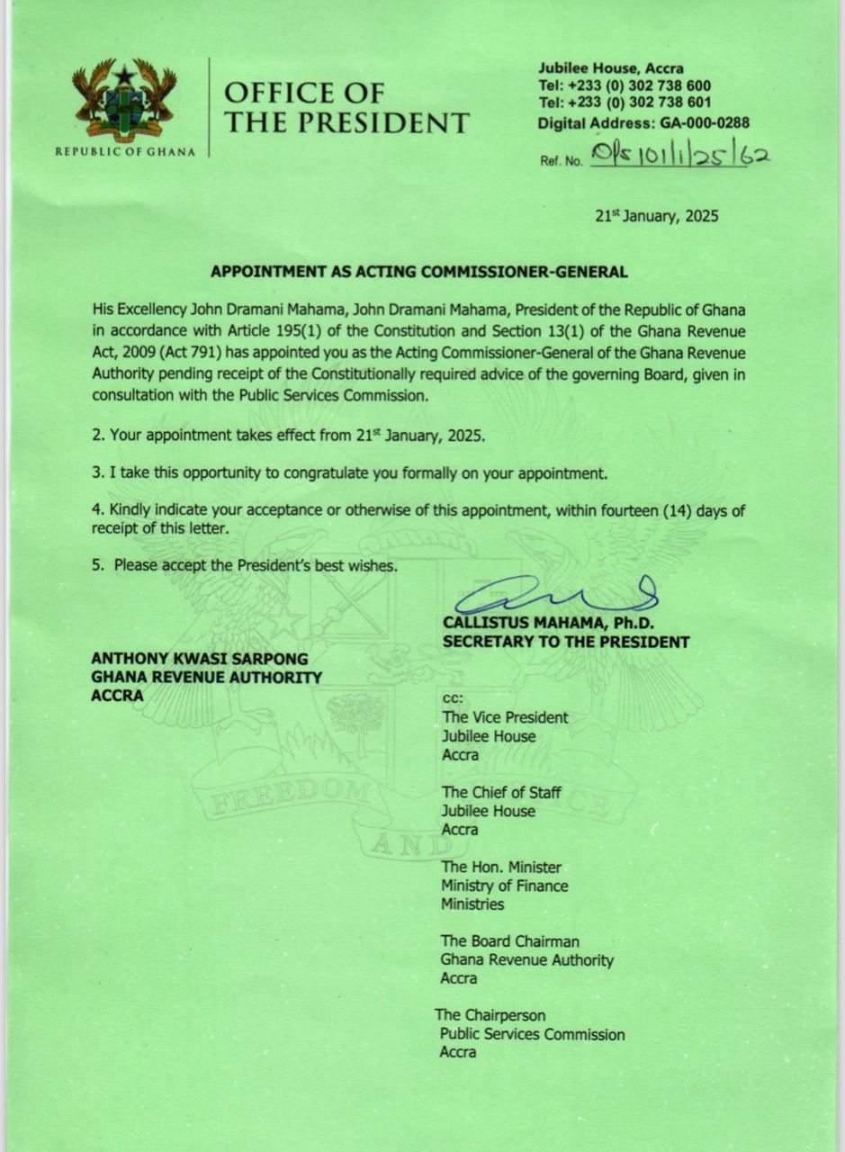 President Mahama appoints Anthony Sarpong as acting Commissioner-General of GRA