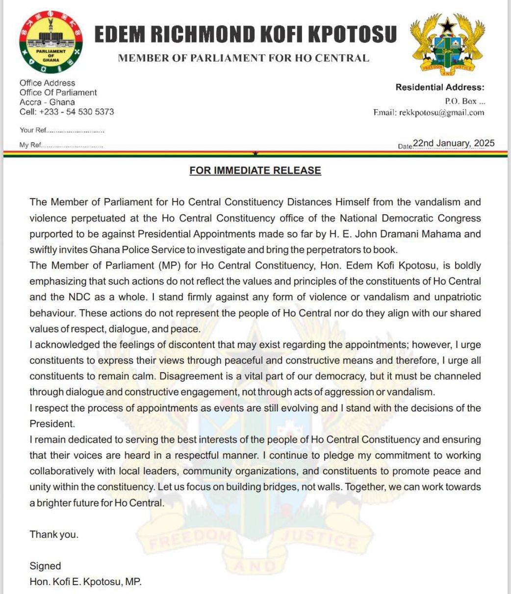 Ho Central MP condemns attack on NDC constituency office by alleged supporters
