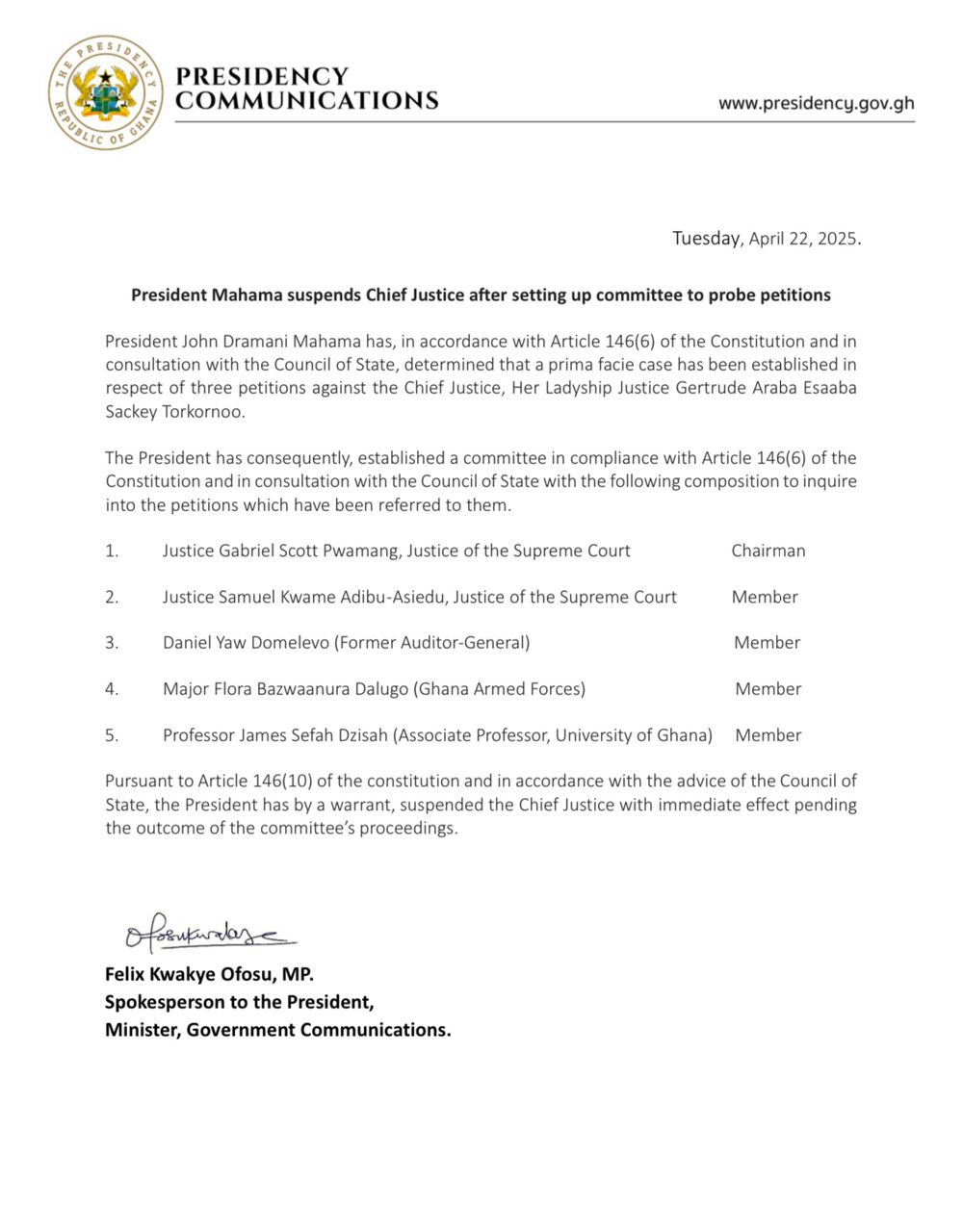 Pres. Mahama suspends Chief Justice Torkornoo, forms committee to probe petitions