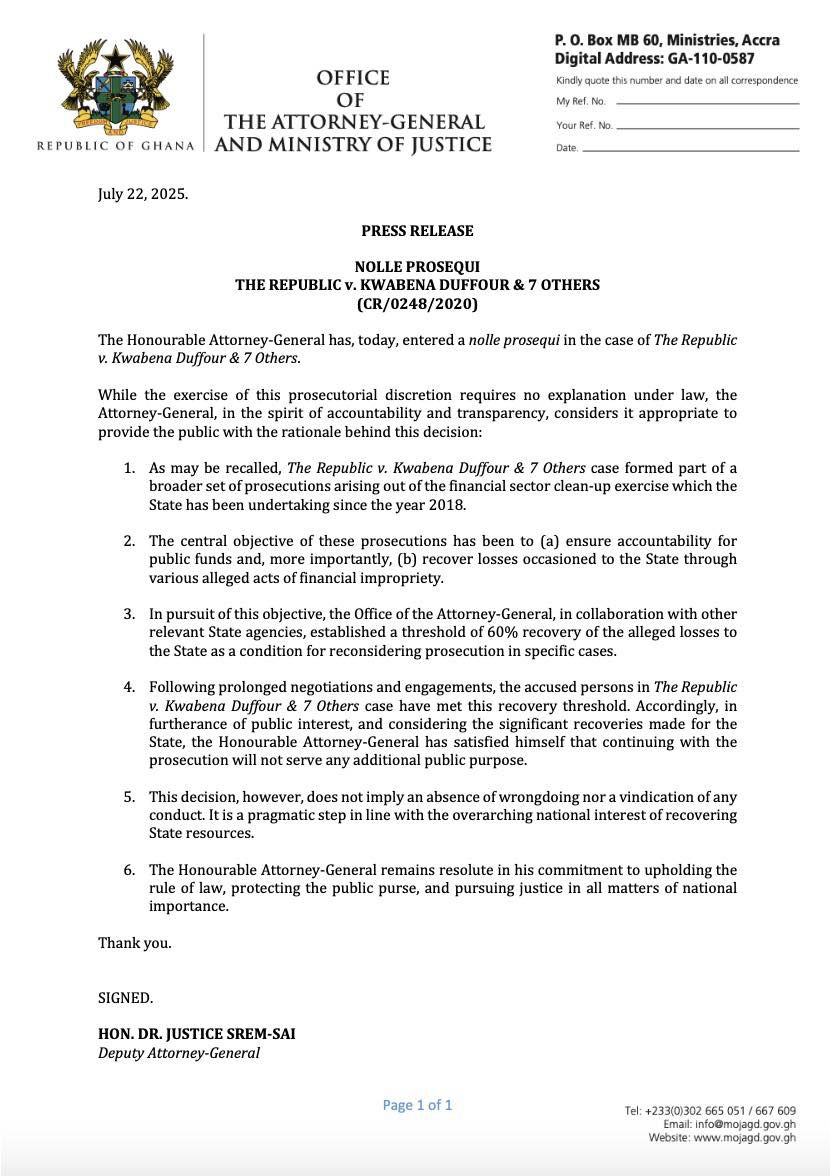 Attorney General drops charges against UniBank founder Dr Duffuor & 7 others