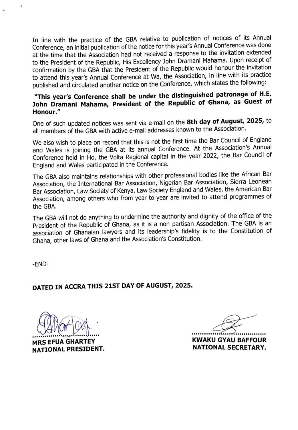 GBA denies ‘false’ reports of snubbing President Mahama for 2025 Bar Conference