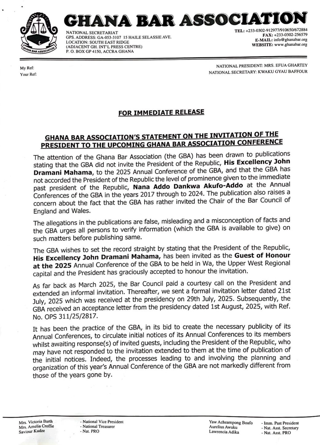 GBA denies ‘false’ reports of snubbing President Mahama for 2025 Bar Conference