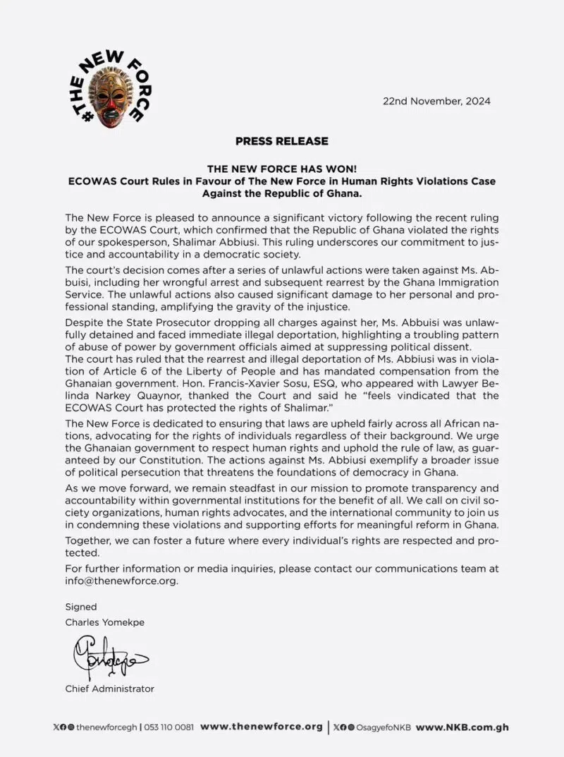 ECOWAS court orders Ghana to compensate deported New Force spokesperson, Shalimar
