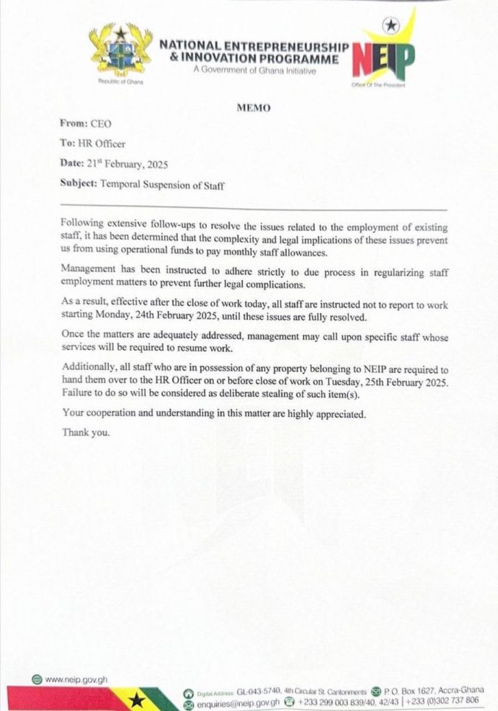 All NEIP staff suspended temporarily; legal complications cited