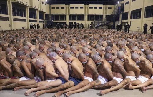 Inmates are lined up during a security operation at the Izalco prison in San Salvador, El Salvador, on April 25, 2020. El Salvador Presidency Press Office / AP