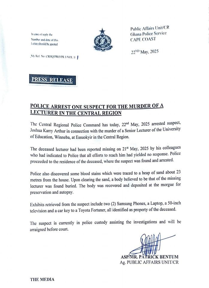 Missing UEW senior lecturer found allegedly murdered; Police arrest one suspect (video)