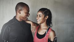 Man and woman smiling happily