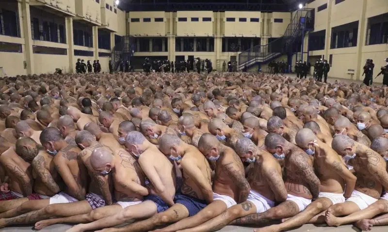 Inmates are lined up during a security operation under the watch of police at Izalco prison in San Salvador, El Salvador, on April 25, 2020. © 2020 El Salvador presidential press office via AP