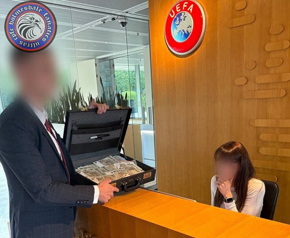 Crystal Palace fans deliver suitcase of fake cash to UEFA in bold Europa League protest