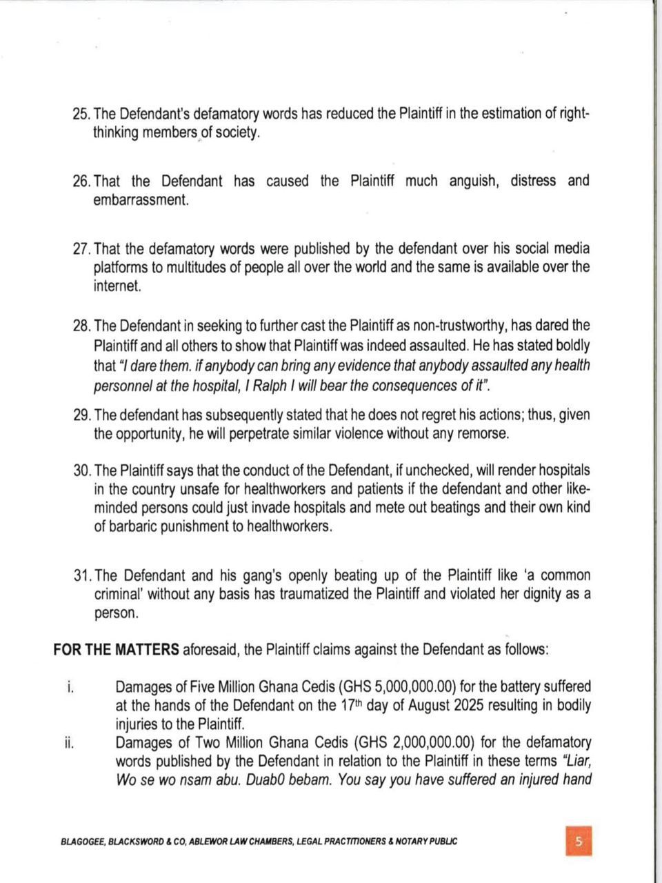 Ridge Hospital nurse sues Ralph De Fellow Ghanaian for GHC7M over assault & defamation