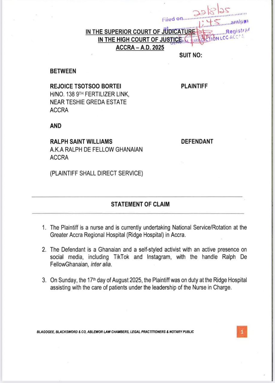 Ridge Hospital nurse sues Ralph De Fellow Ghanaian for GHC7M over assault & defamation