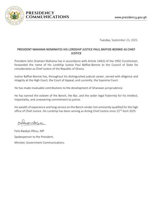 President Mahama nominates Justice Paul Baffoe-Bonnie as next Chief Justice