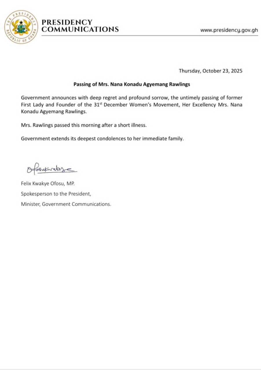 Presidency officially confirms the passing of former first lady Nana Konadu Agyeman-Rawlings