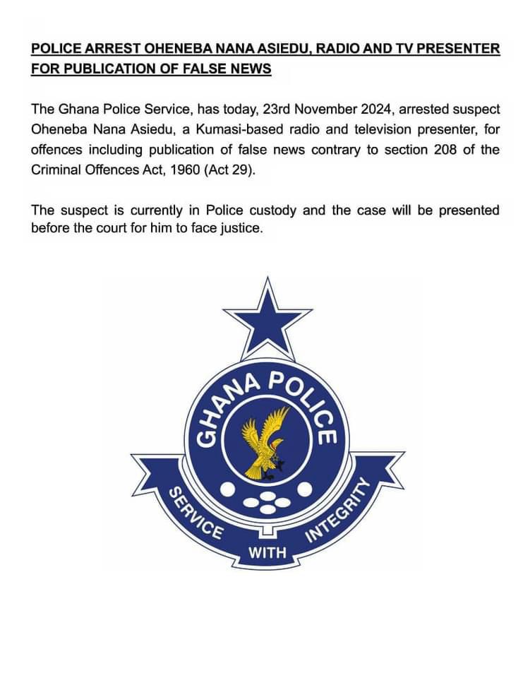 Police arrest Oheneba Nana Asiedu for publication of false news