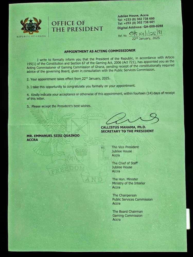 Gaming Commission boss appointment letter