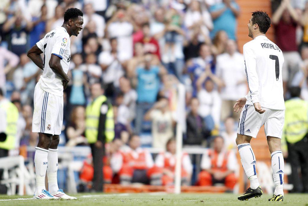 Real Madrid s Emmanuel Adebayor celebrates with Cristiano Ronaldo during La Liga Match. May 21, 2011.Real Madrid s Emmanuel Adebayor celebrates with Cristiano Ronaldo during La Liga Match. May 21, 2011.