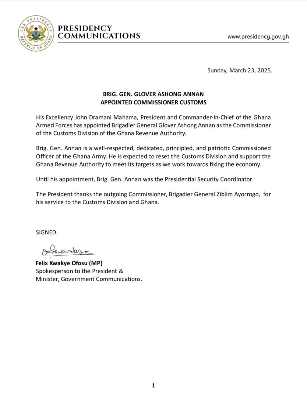 Pres. Mahama sacks Brig. Gen. Ayorrogo, appoints new commissioner of the customs