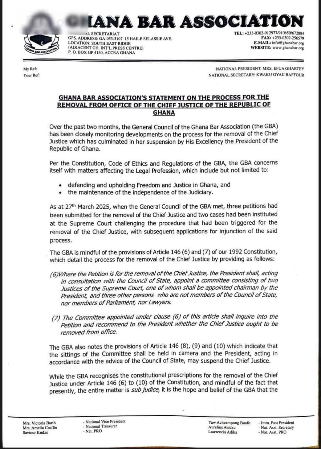 Rule of law must prevail - GBA breaks silence on Chief Justice’s suspension