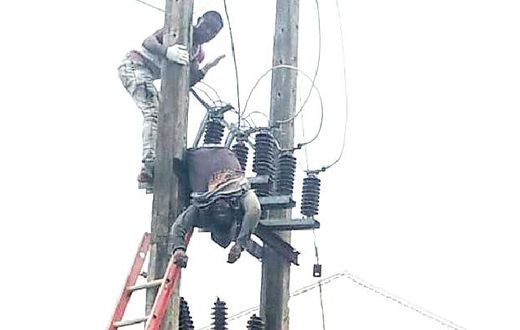 The lifeless body of the suspect was seen dangling on the high-tension pole [Punch]