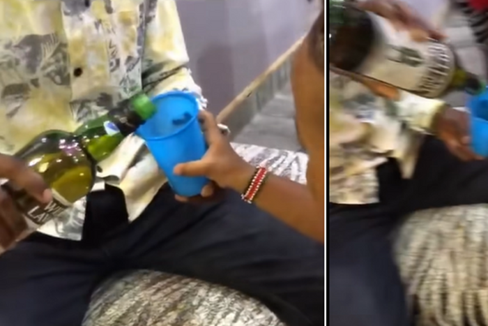 Screenshots from a video which circulated online showing an adult giving whiskey to a 3-year-old child.