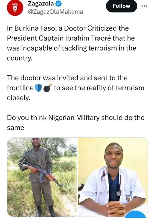 Doctor given army uniform and AK47, sent to battlefield for criticizing Burkinabe President