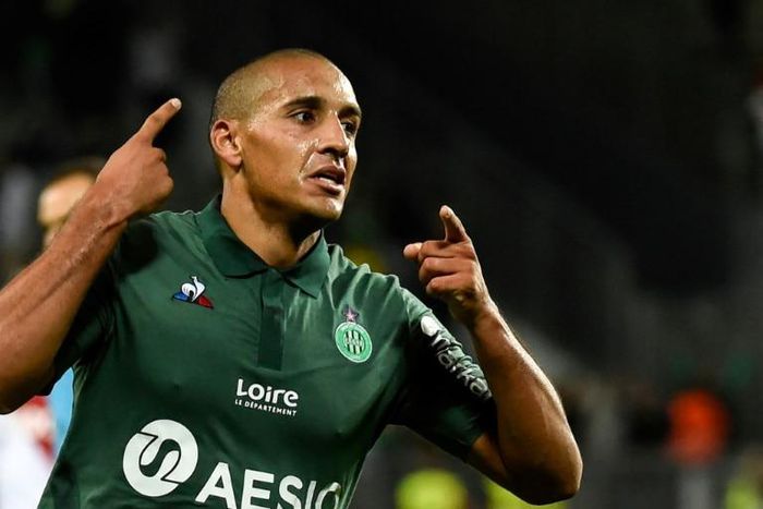 At the double: Saint-Etienne's Tunisian midfielder Wahbi Khazri celebrates after scoring