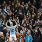 Sergio Aguero celebrates Manchester City's second goal in a 3-1 derby win over Manchester United