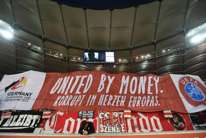 Stuttgart's supporters displayed a giant banner reading "United by money, corrupt in the heart of Europe" to protest against Germany's bid to host the Euro 2024 finals with UEFA set to announce the host nation on Thursday.