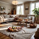 An AI-generated image of a picnic scene in the living room (hotpot.ai)