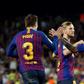Barcelona defender Samuel Umtiti (R) congratulates Spanish team-mate Gerard Pique for his equaliser in a 202 draw with Gerona.