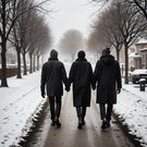 An AI-generated image of neighbours walking hand in hand during a cold season (hotpot.ai)