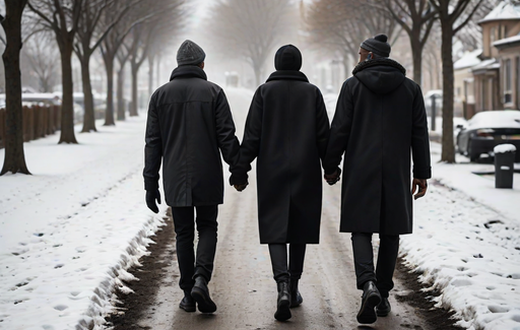 An AI-generated image of neighbours walking hand in hand during a cold season (hotpot.ai)