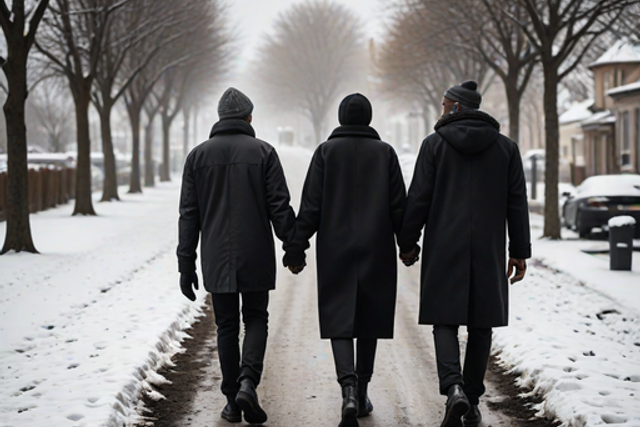 An AI-generated image of neighbours walking hand in hand during a cold season (hotpot.ai)
