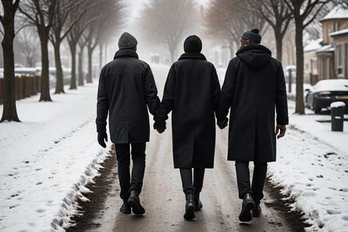 An AI-generated image of neighbours walking hand in hand during a cold season (hotpot.ai)