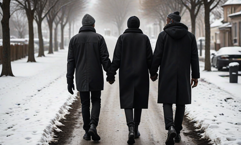 An AI-generated image of neighbours walking hand in hand during a cold season (hotpot.ai)