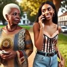 A scene showing a jealous African mother and her adult daughter walking together in a park The mother, in her early 60s, looks enviously at her daugh