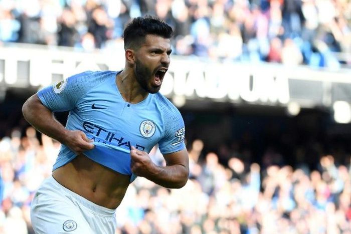 Manchester City striker Sergio Aguero celebrates after scoring against Brighton