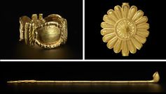 The V&A is lending 17 items including an Asante gold ring (top left), a gold badge worn by the king's "soul washer" and a ceremonial pipe